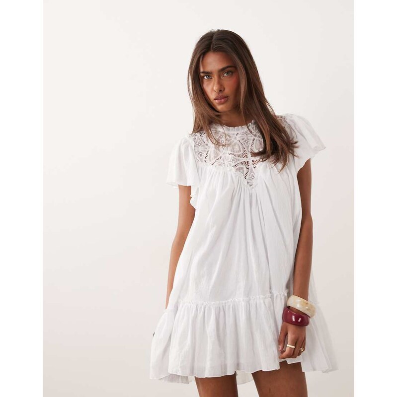 Noughts & Kisses crochet insert flutter sleeve dropped hem mini dress 115715709