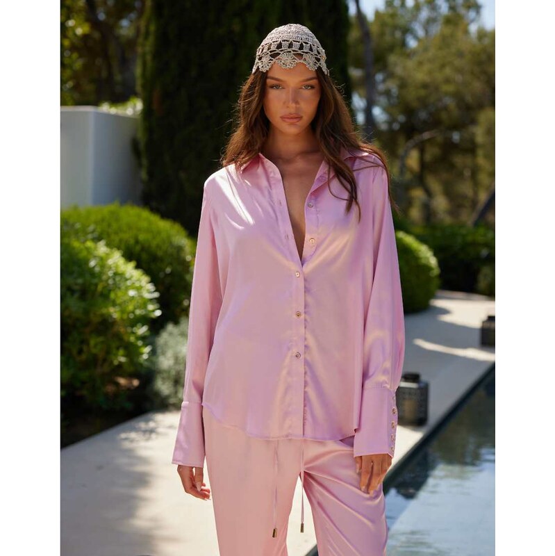 Noughts & Kisses wide cuff satin shirt co-ord in pink