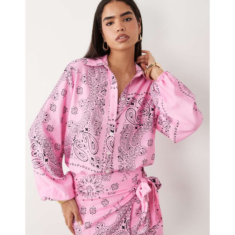 Noughts & Kisses button through shirt co-ord in pink bandana print 115715723