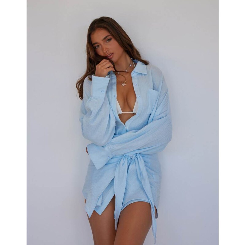 Noughts & Kisses cotton cheesecloth wrap waist shirt mini dress in 115715724