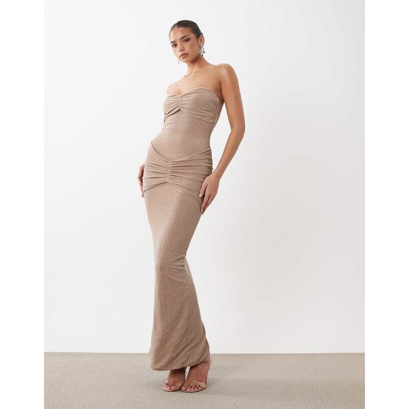 Wanderdoll Pia bandeau ruched hotfix maxi dress in mocha-Neutral