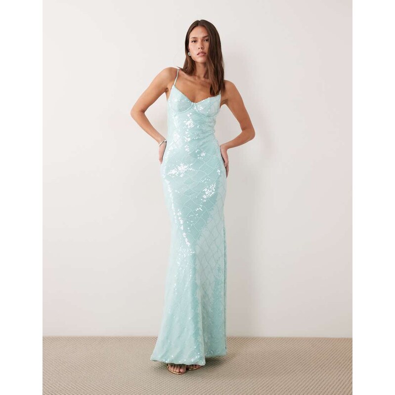 Wanderdoll Rhea sequin cami cup detail maxi dress in turquoise-Blue 115733601
