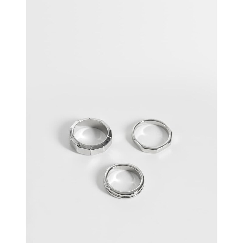 ASOS DESIGN 3 pack octagon and bamboo texture ring in silver
