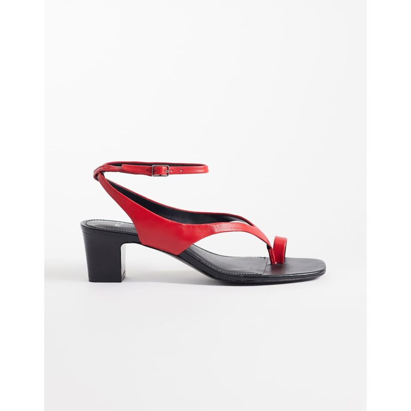 Mango 100% leather ankle tie block heeled sandal in red