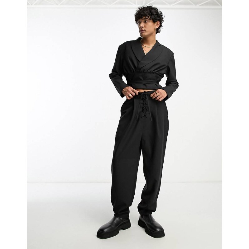 ASOS DESIGN oversized balloon lace up suit trousers in black