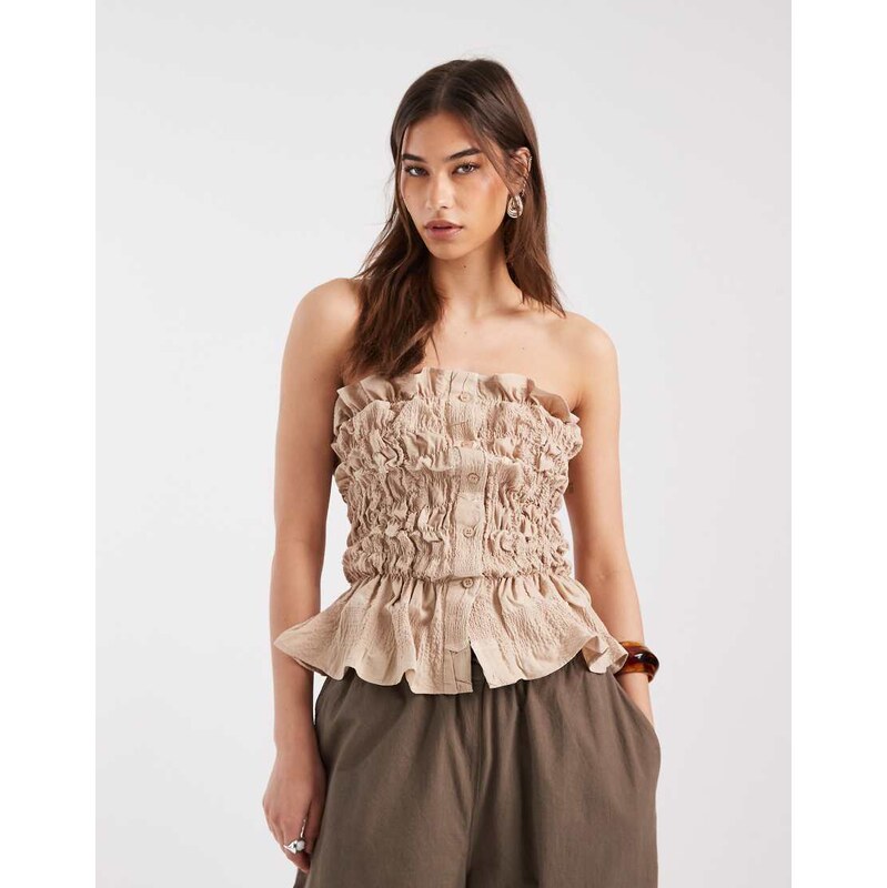 Laagam susan strapless ruched ruffle top in sand-Neutral 115711902