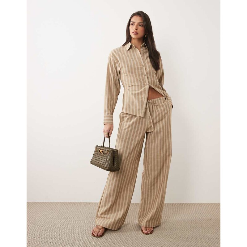 Missyempire tie waist wide leg trousers co-ord in tan pinstripe 115712024