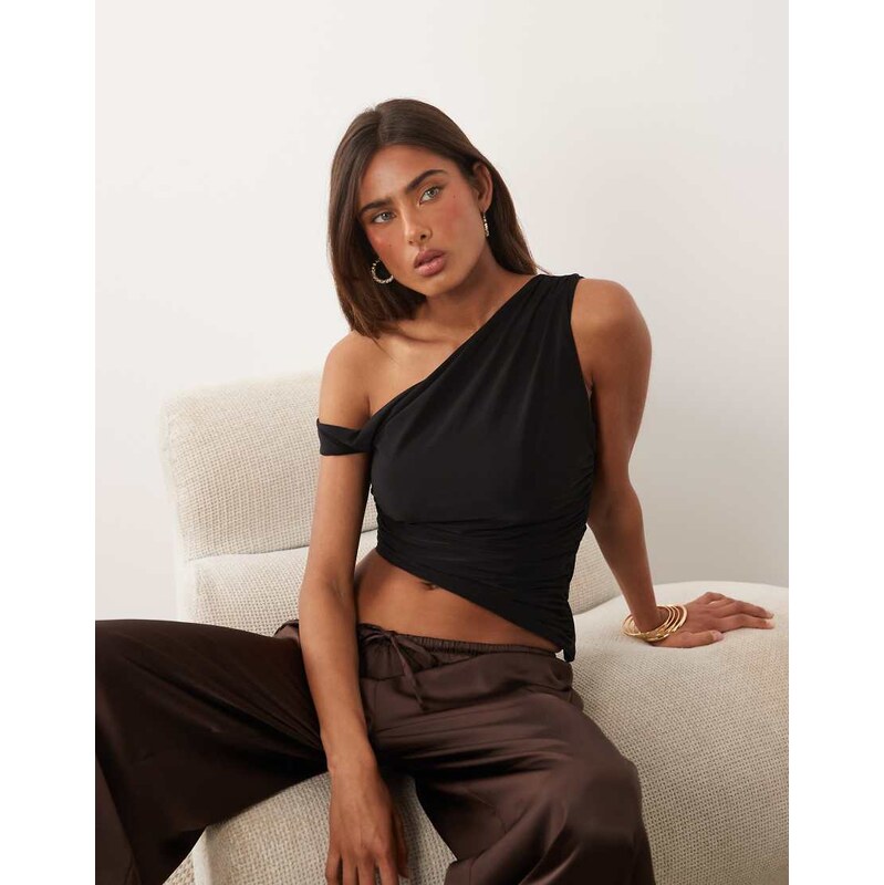Missyempire double sculpted slinky asymmetric off shoulder top in 115712026