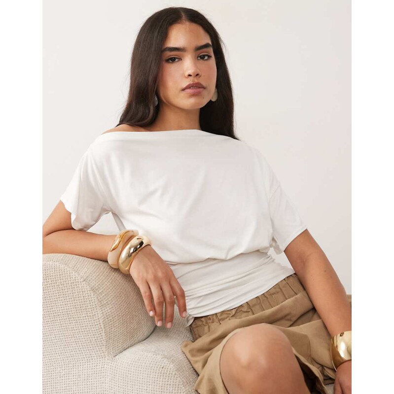 Missyempire soft touch off shoulder cinch fitted waist top in white 115712035