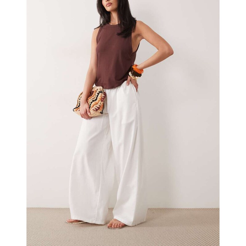 Missyempire linen blend tie waist wide leg trousers in white