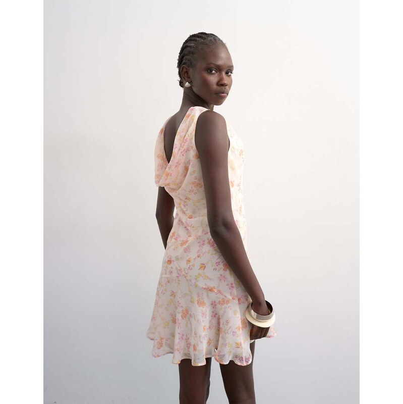 Topshop cowl neck full hem mini tea dress in soft pink ditsy floral 115711552