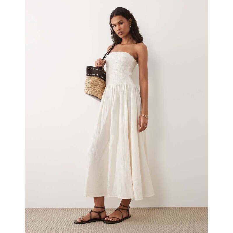 Brave Soul cheesecloth strapless midi dress with shirred bodice in off 115711561