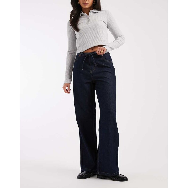 New Look self tie drawcord wide leg jeans in indigo blue-Navy 115711567