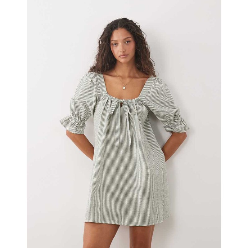 Brave Soul mini dress with puff sleeves in green and white stripe 115711568