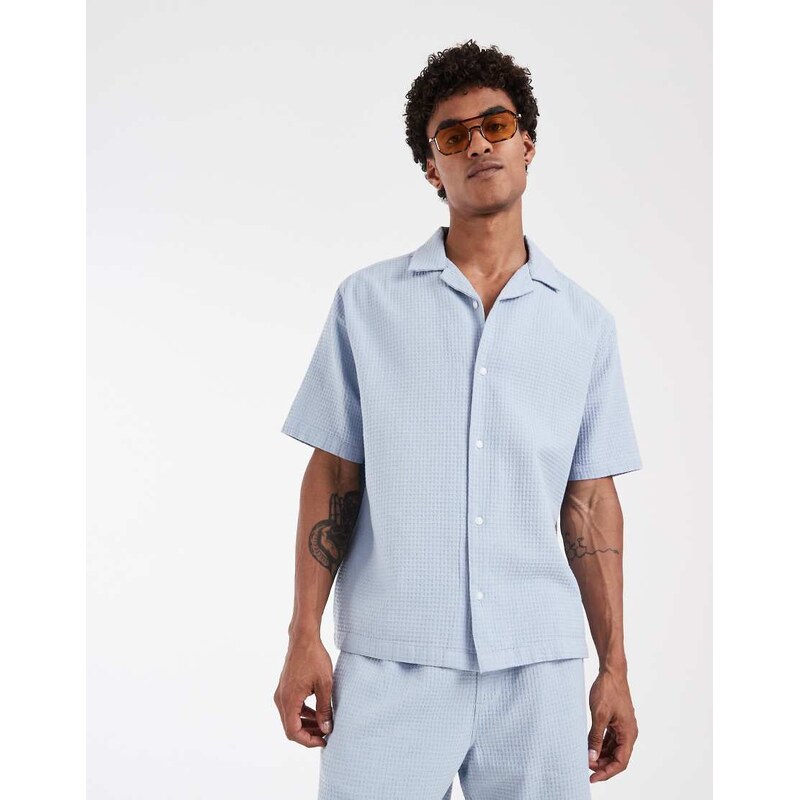 ASOS DESIGN co-ord relaxed revere waffle shirt in blue