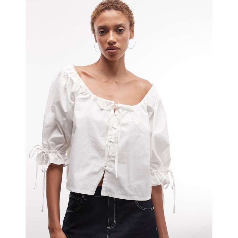 COLLUSION smock tie neck blouse in white 115711586