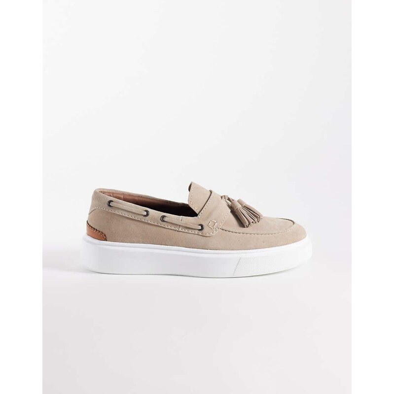 ASOS DESIGN tassel loafers with cupsole in stone suede-Neutral
