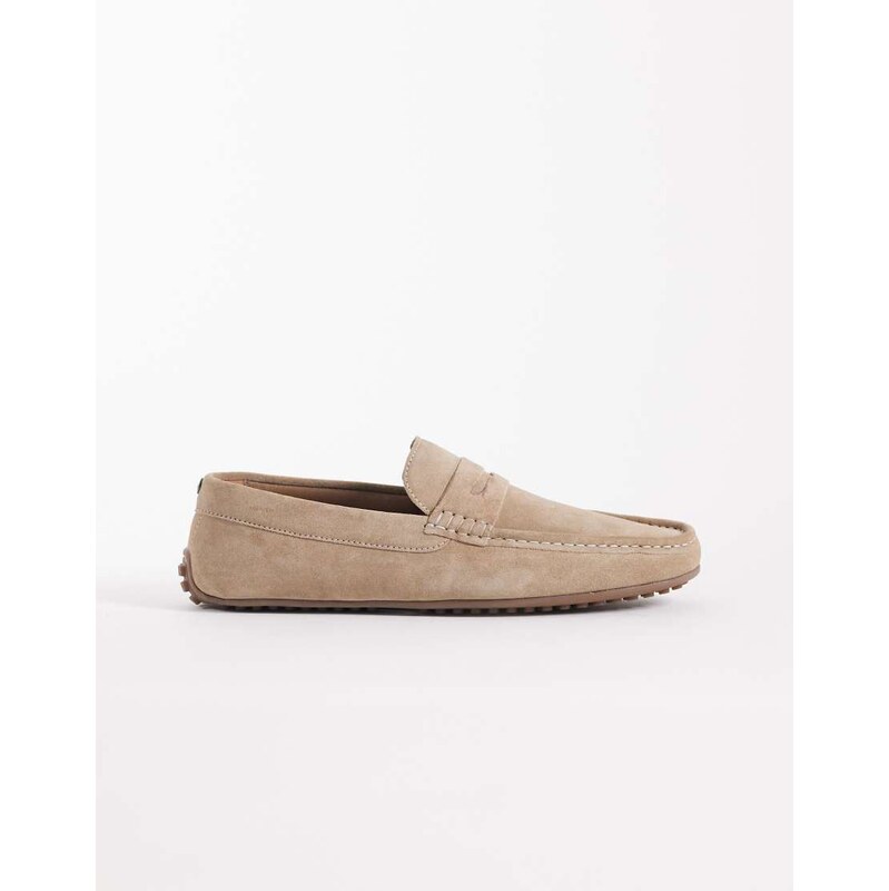 ASOS DESIGN penny driver loafer in stone suede-Neutral