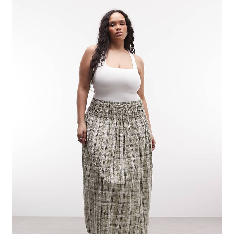 COLLUSION Plus shirred waist band maxi skirt in green check 115711592