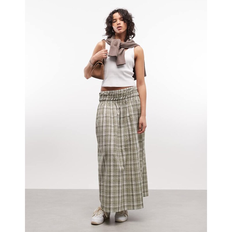 COLLUSION shirred waist band maxi skirt in green check 115711593