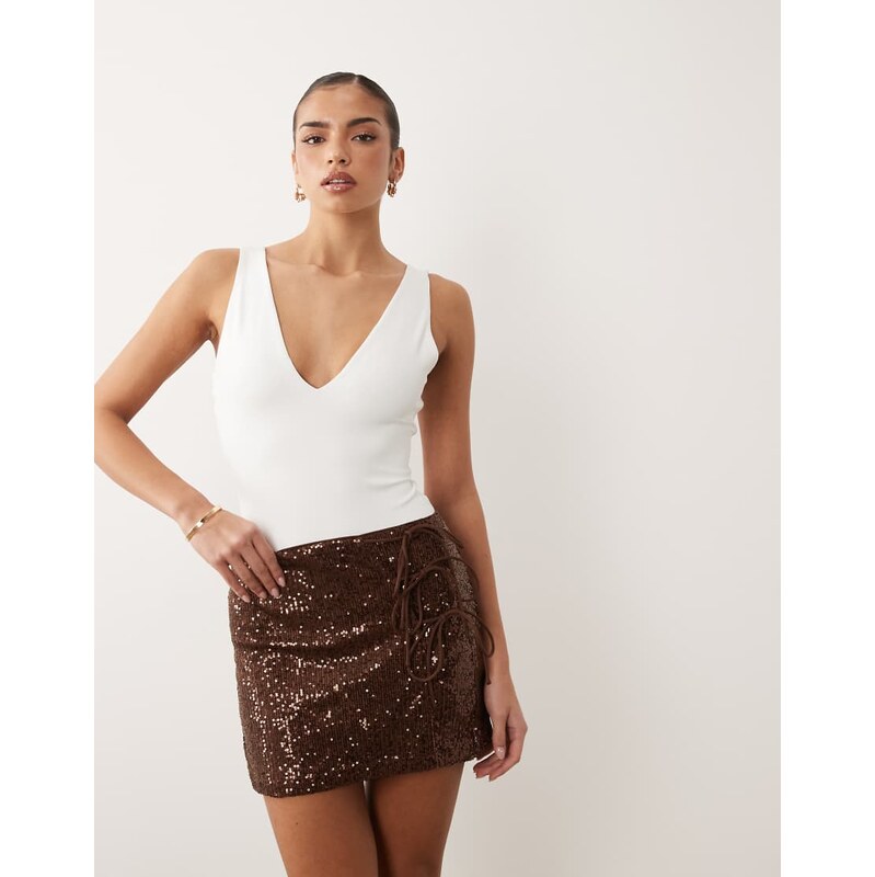 ASOS DESIGN sequin tie side mini skirt in chocolate-Brown