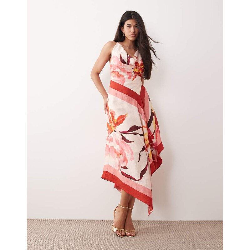 ASOS DESIGN deep cowl asymmetric open back maxi dress in scarf