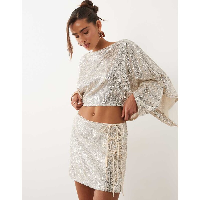 ASOS DESIGN sequin tie side mini skirt in ivory-White