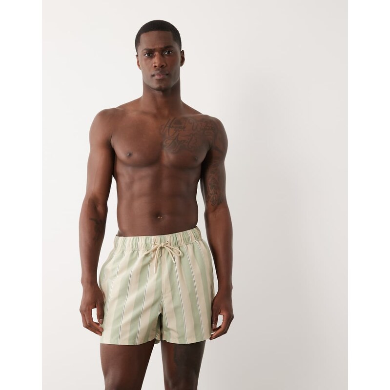 ASOS DESIGN swim shorts in short length in sage green stripe