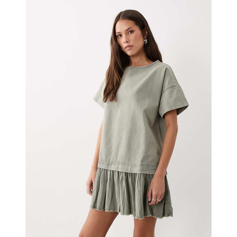 ASOS DESIGN hybrid t-shirt mini dress in washed olive-Multi