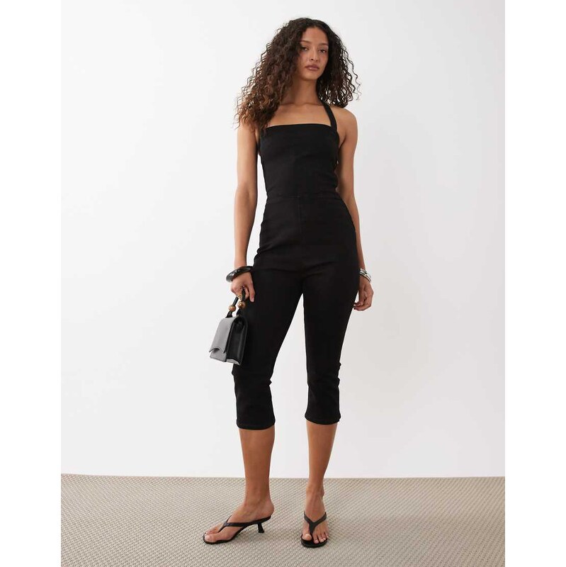 ASOS DESIGN stretch denim halter neck capri jumpsuit in black 115711669