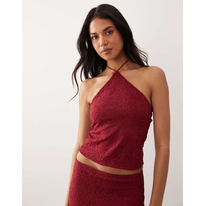 ASOS DESIGN co-ord lace halter neck top in burgundy-Red