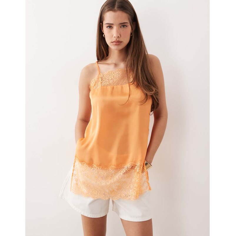 ASOS DESIGN square neck lace trim satin cami in orange