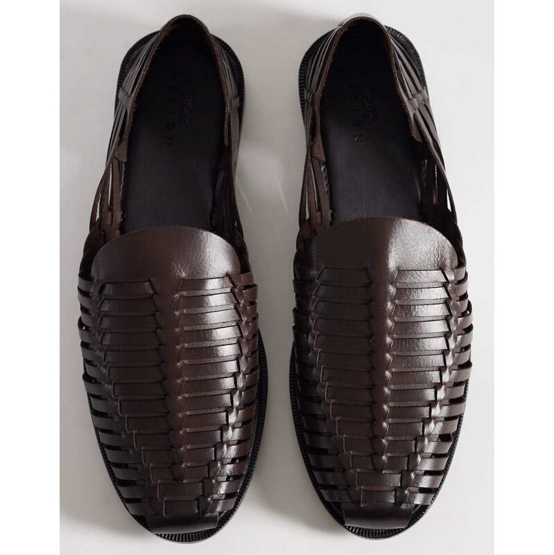 ASOS DESIGN woven fisherman sandals in brown leather