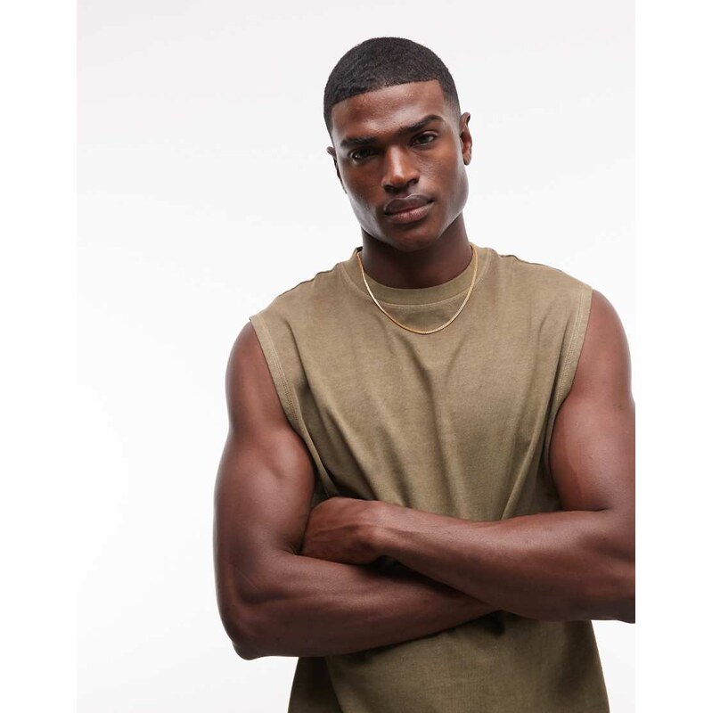 ASOS DESIGN heavyweight oversized tank in washed khaki-Green