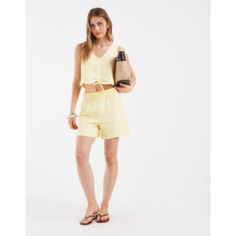 Pieces crinkle cotton high waisted shorts co-ord in pastel yellow 115711969