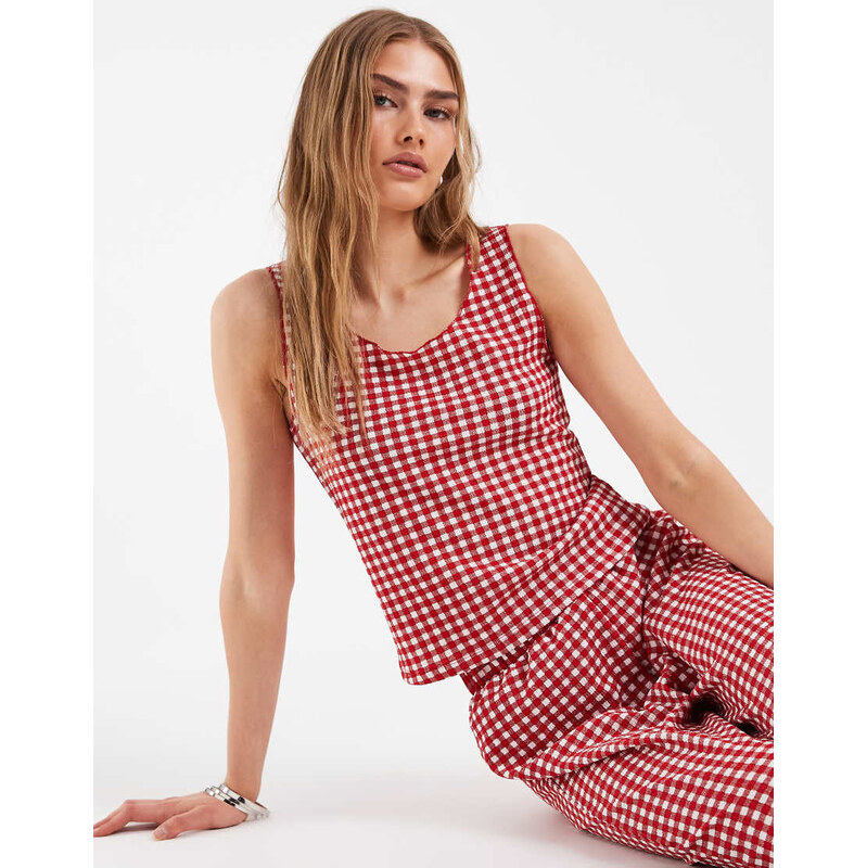 Pieces sleeveless gingham top co-ord in red and white