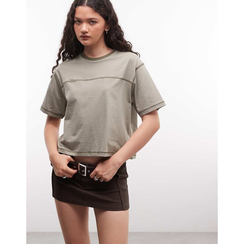 COLLUSION boxy seam detail tee in khaki-Green