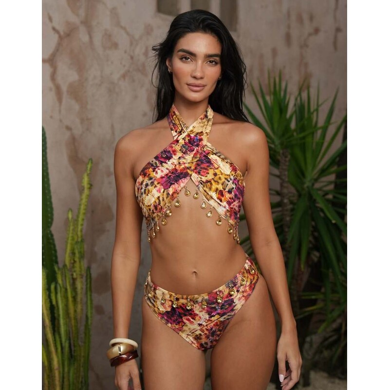 Moda Minx X Zoe Servini floral print wrap bikini top with bead