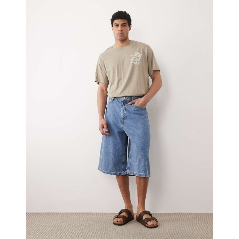 Jack & Jones Billy longer length denim jorts in mid blue