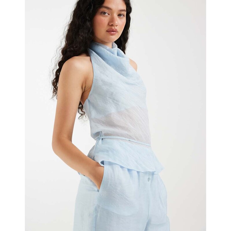 ASOS DESIGN sheer tie waist halter top in baby blue-White