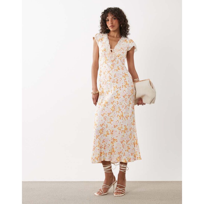 Nobodys Child Alda v-neck short sleeve lace trim midi dress in white 115712073