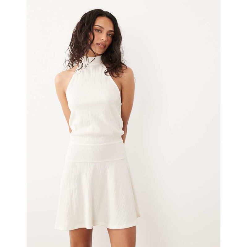 ASOS DESIGN textured halter neck mini dress in ecru-Brown