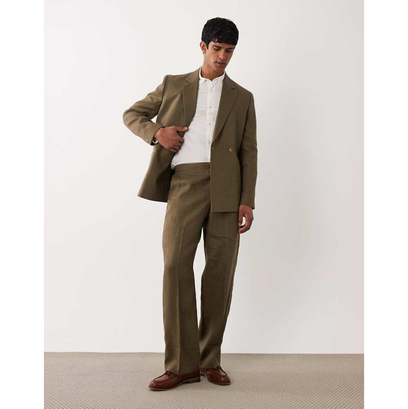 ASOS DESIGN Premium 100% linen wide suit trousers in olive green