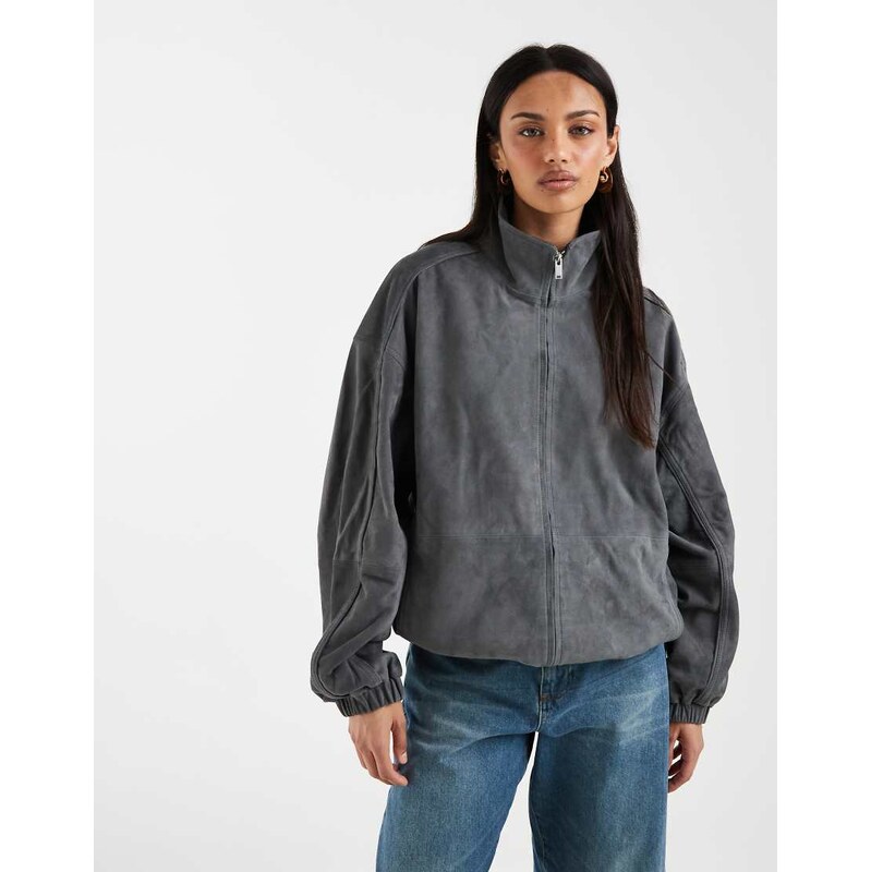 ASOS DESIGN real suede funnel neck jacket in grey