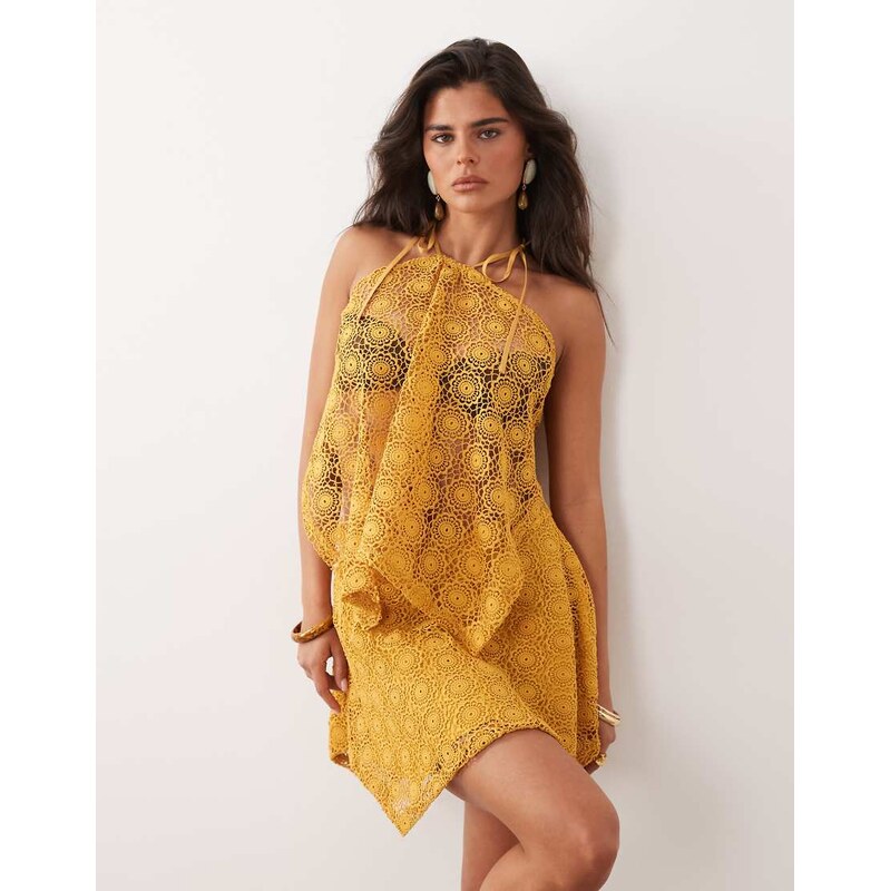 Noughts & Kisses crochet halterneck scarf top co-ord in yellow 115723458