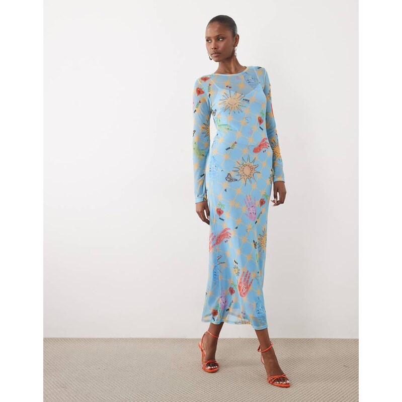 Never Fully Dressed mesh long sleeve midi dress in blue