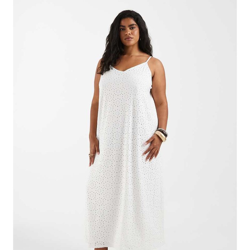 Vero Moda Curve jersey floral broderie cami midi dress in white 115715797
