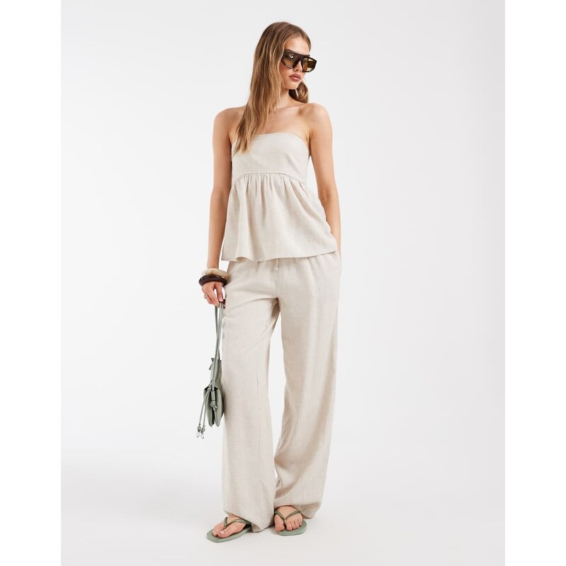 Pieces tie waist linen-blend trousers co-ord in cream melange-White 115715850