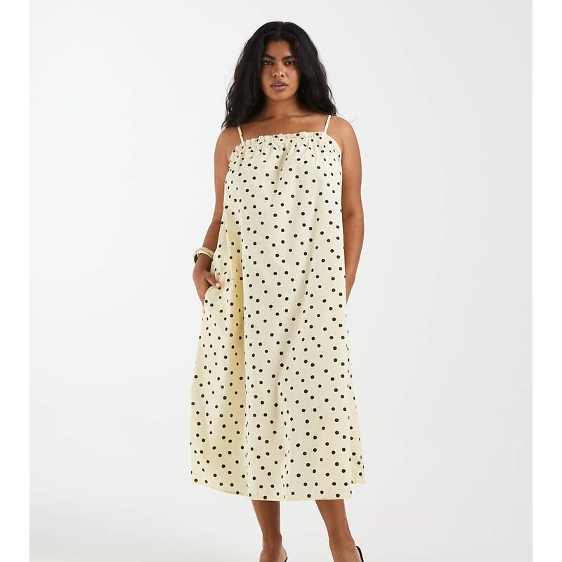 Pieces Plus Pieces Curve cotton cami maxi dress in yellow and brown 115715853