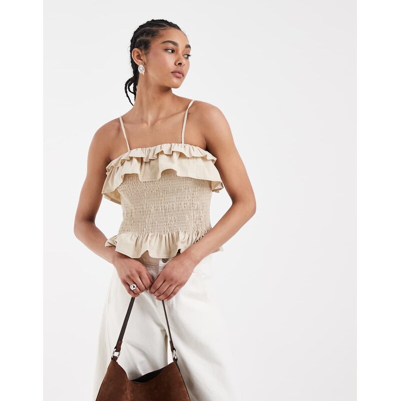ASOS DESIGN co ord shirred frill linen blend cami top in natural
